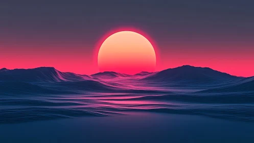 Radiant neon sun sinks gently into serene digital waves