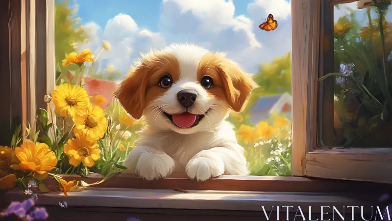 Sunlit puppy daydreams at a flower-bright cottage window.