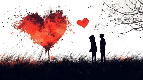 Silhouetted Couple Standing Before Massive Fractured Heart