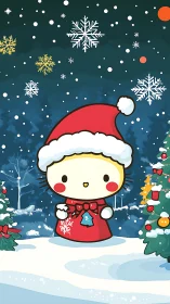 Cartoon Christmas cat character in stylized snowy forest scene