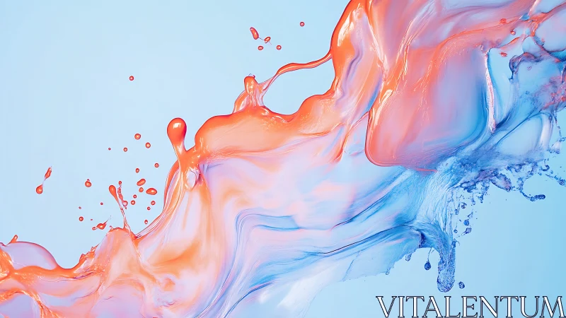 Playful coral and blue liquid dance across soft sky tones.