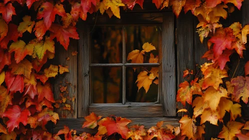Quiet wooden window wrapped in bright autumn ivy leaves.