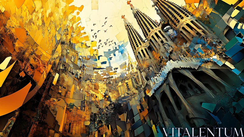 Fractured cathedral skyline rendered with cubist fragmentation and depth