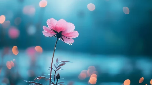 Pink Flower Blooming in Dreamy Turquoise Light
