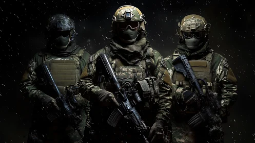 Special forces squad in tactical gear under falling rain.