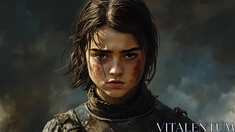 Battleworn girl under storm-heavy skies, gaze like flint.