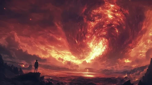Silhouetted observer under vast apocalyptic fire vortex sky.