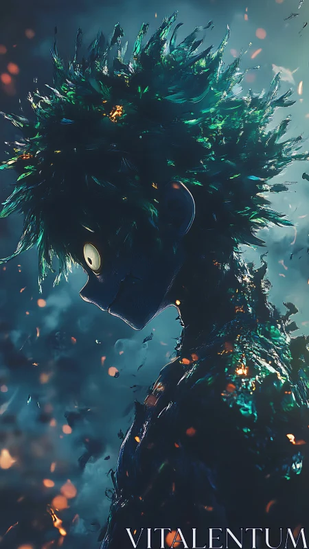 Shattered embers orbit a brooding hero forged from stardust