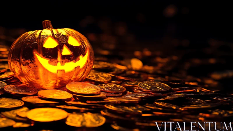 Glowing jack o&rsquo;lantern smiles warmly over a bed of coins
