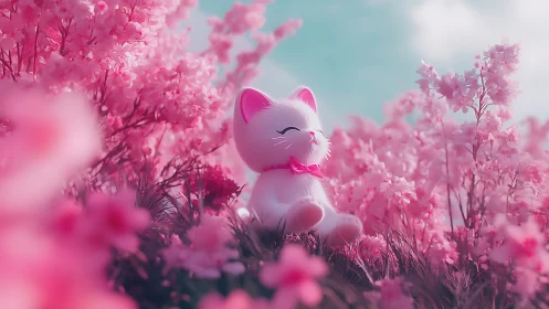 Soft-lit stylized cat figurine amid shallow-depth pink blossoms