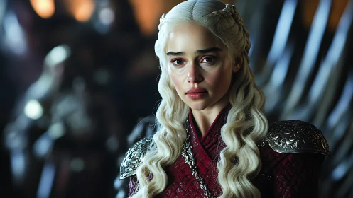 Silver haired queen in crimson armor before blurred court