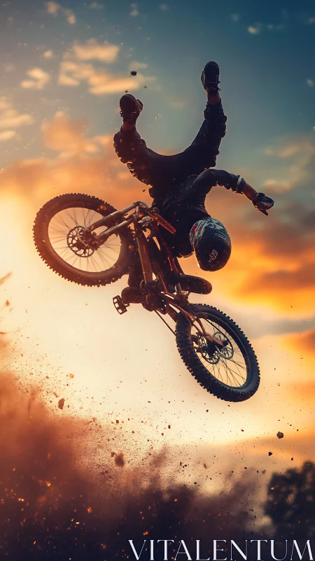 Dirt biker crashes midair against bright sunset sky.