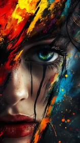 Intense female portrait with vivid splattered paint overlay