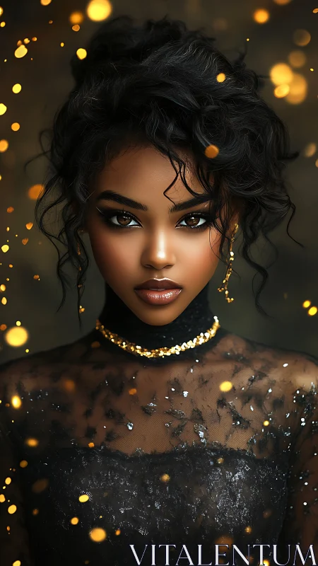 Digital portrait with bokeh-lit couture and luminous gaze focus.