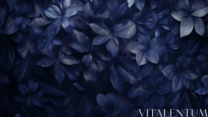 Monochrome navy floral foliage pattern with layered leaves.