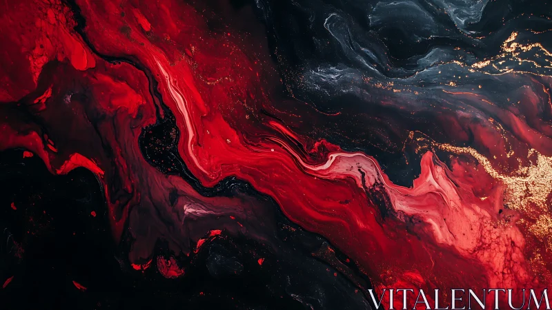 Red and dark fluid pigments form layered, swirling channels
