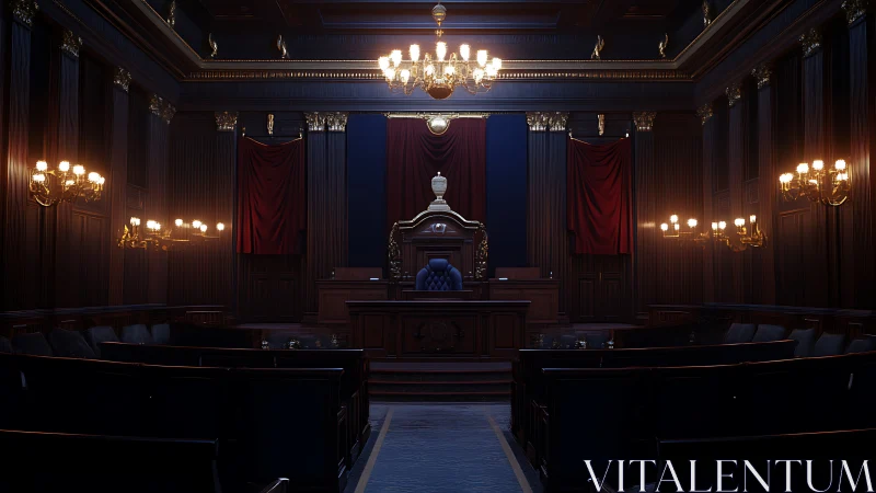 Velvet-draped grand courtroom under solemn chandelier glow.