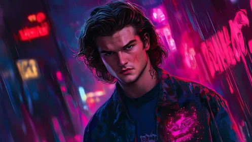 Male figure stands in neon city street under magenta lighting
