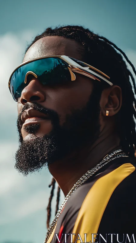 Confident man in futuristic sunglasses gazes toward a bright sky