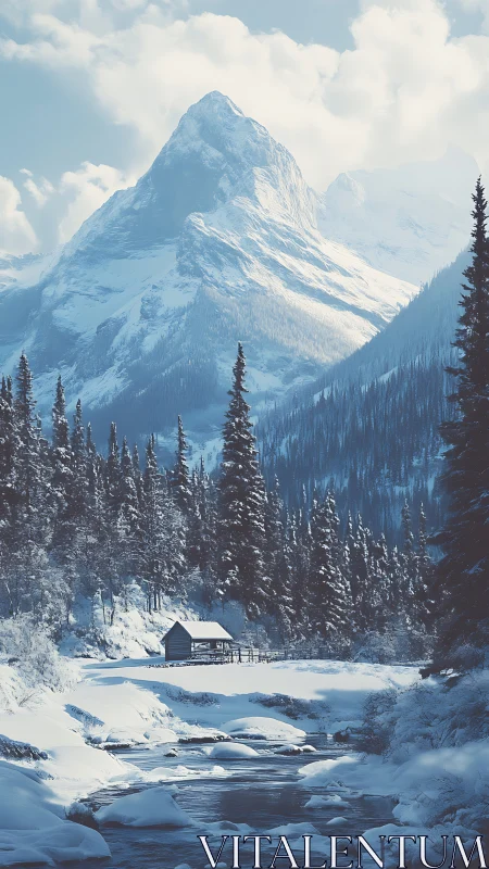 Snow cabin rests below towering alpine peak in winter dusk