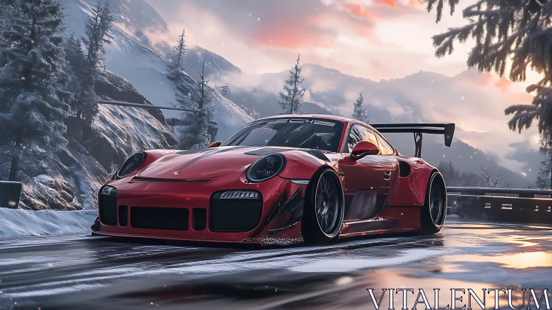 Red track-focused sports car moves on icy mountain road
