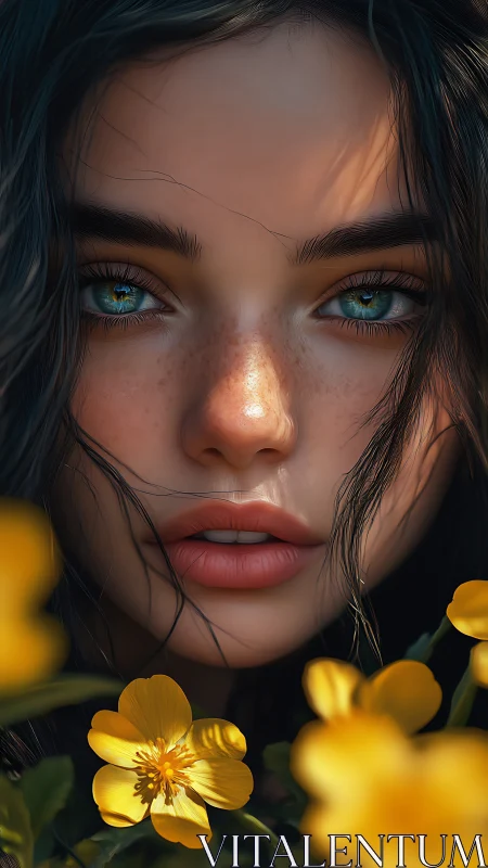 Girl portrait shows hyper-detailed face among yellow flowers