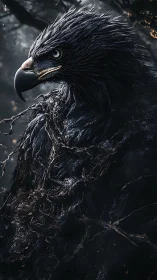 Predatory raptor rendered with hyper-detailed plumage and dark energy