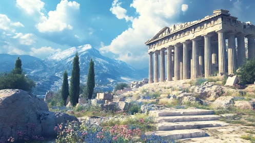 Digital render shows ruined classical temple above rocky meadow