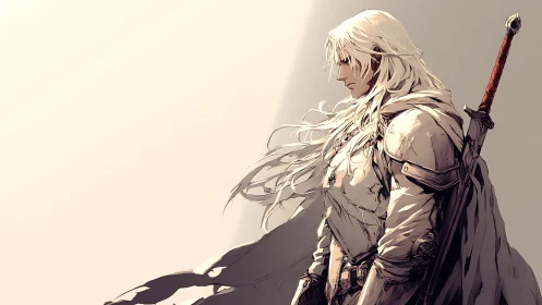 Wind-scoured pallid knight in profile with sheathed longsword.