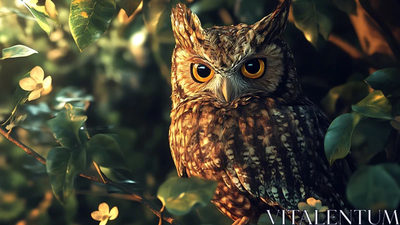 Majestic Owl Perched Amid Lush Green Foliage, Realistic Style.