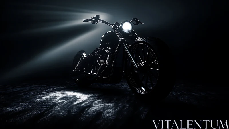 Low key photoreal render of custom chopper motorcycle chassis.