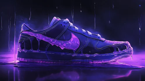 Neon sneaker glows under dripping ultraviolet liquid haze.