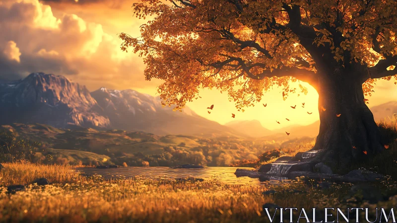 Large deciduous tree stands by a reflective lake at sunset