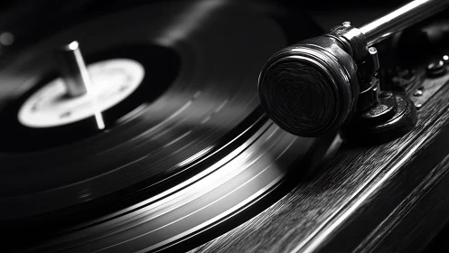 Close-up monochrome view of a vinyl record on turntable.