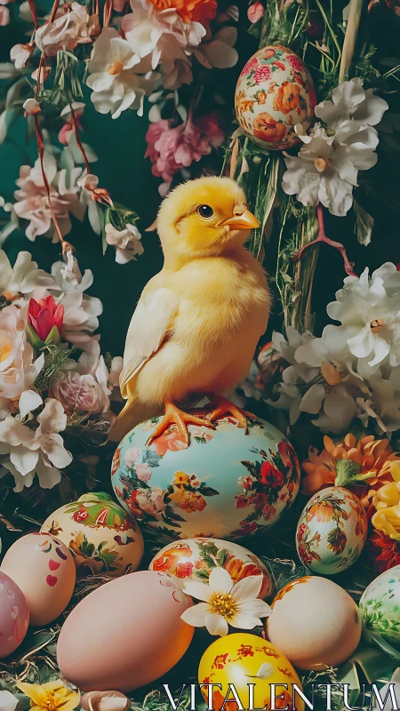 Easter chick stands over floral painted eggs and blooms.