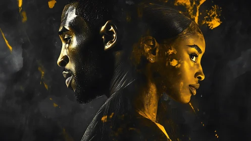 Twin ember portraits in blackened smoke and molten gold.