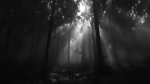 Misty Forest Path Illuminated by Ethereal Sunlight.