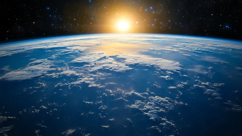 Sunrise over Earth’s curved horizon from outer space.