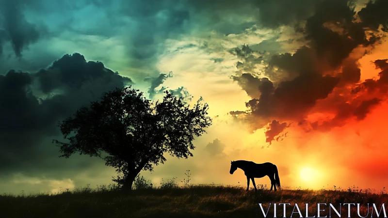 Silhouetted horse and tree against gradient sunset sky.
