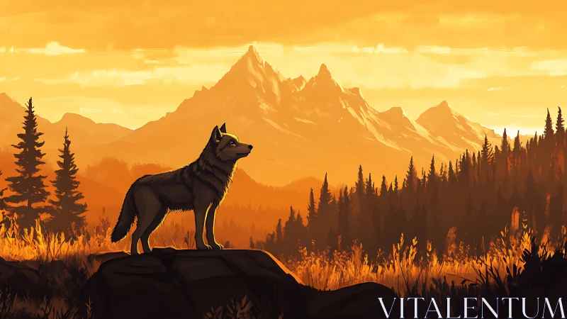 Lone twilight wolf surveying ember-lit mountain kingdom.