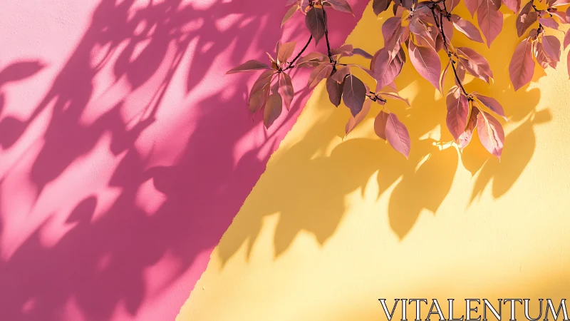 Branch shadows on diagonal pink and yellow wall surface.