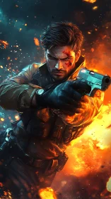 Dynamic digital painting of action hero in explosive firefight.