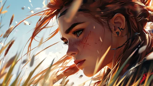 Wind-tossed warrior gazes ahead through sunlit grassland.