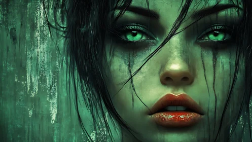 Digital close-up portrait depicts a woman with green eyes
