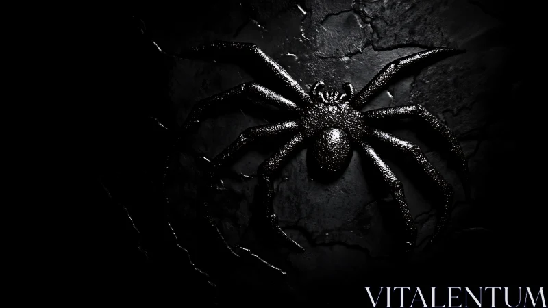 Glossy black spider on cracked stone in harsh shadow.