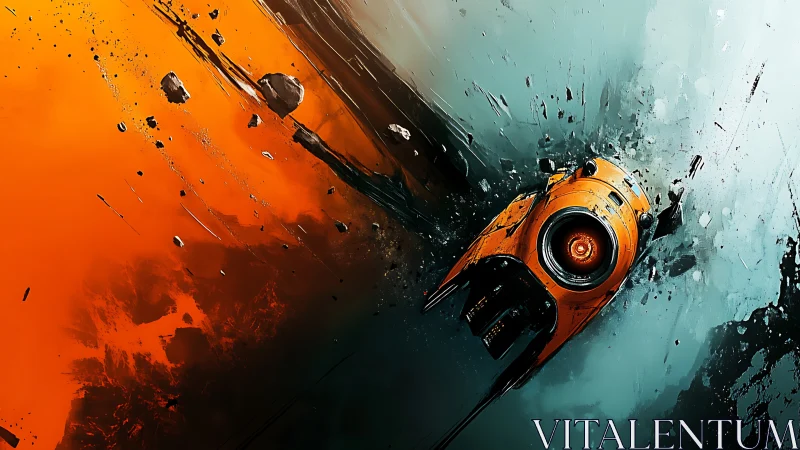 Orange drone crossing cosmic rift between fire and ice.