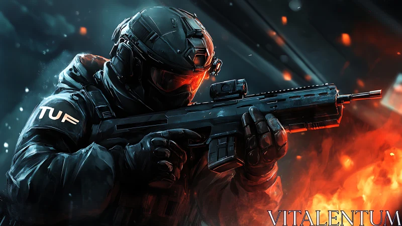 Tactical operator with rifle in high-contrast firelit combat