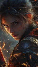 Battle-scarred warrior woman in ember-lit fantasy armor