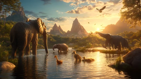Sunlit elephants and river friends in a peaceful wild valley.