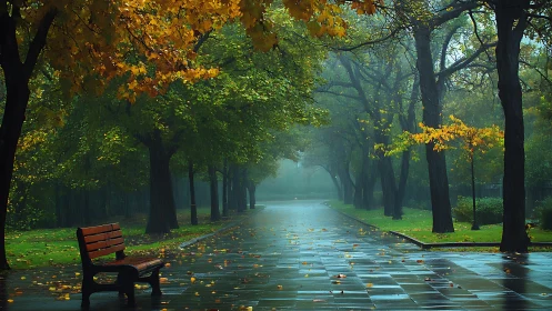 Autumn park path glistens after rain in soft morning mist.